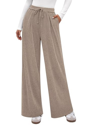 PRETTYGARDEN Women's Wide Leg Pants 2026 Fall Clothes Elastic High Waisted Knit Lounge Palazzo Pant Trousers with Pockets (Khaki,Small) | Amazon (US)