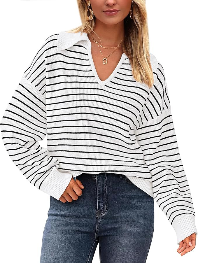 BTFBM Women's Striped Long Sleeve Sweater V Neck Lapel Collar 2024 Fall Winter Fashion Ribbed Kni... | Amazon (US)