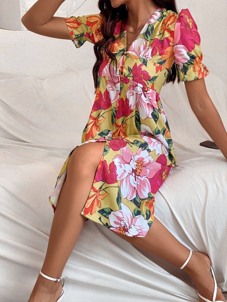 Floral Print Puff Sleeve Button Front Dress | SHEIN
