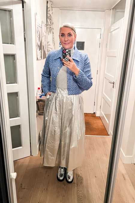 Ootd - Wednesday. Blue cropped jacket (Cotton Club) over a basic grey turtleneck sweater paired with a silver midi skirt (old Shoeby), navy tights and silver loafers (Zara). 

#LTKworkwear #LTKover40 #LTKeurope