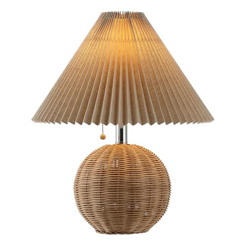 JONATHAN Y JYL1145C Aksel 17.25" Coastal Scandinavian Rattan/Iron Sphere LED Table Lamp with Pleated Shade and Pull Chain, Natural/Chrome/Dark Beige, for Bedroom, Living Room, Entry Console | Amazon (US)