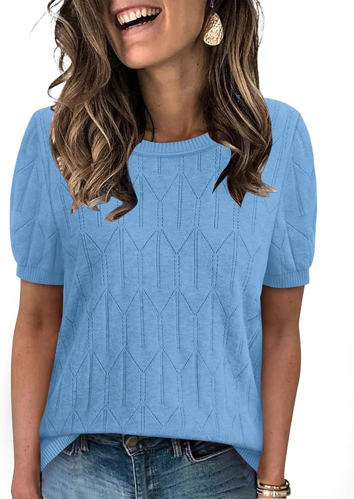 Sampeel Short Sleeve Sweater for Women Round Neck Knit Work Tops Beach Fashion Vacation Clothes S... | Amazon (US)