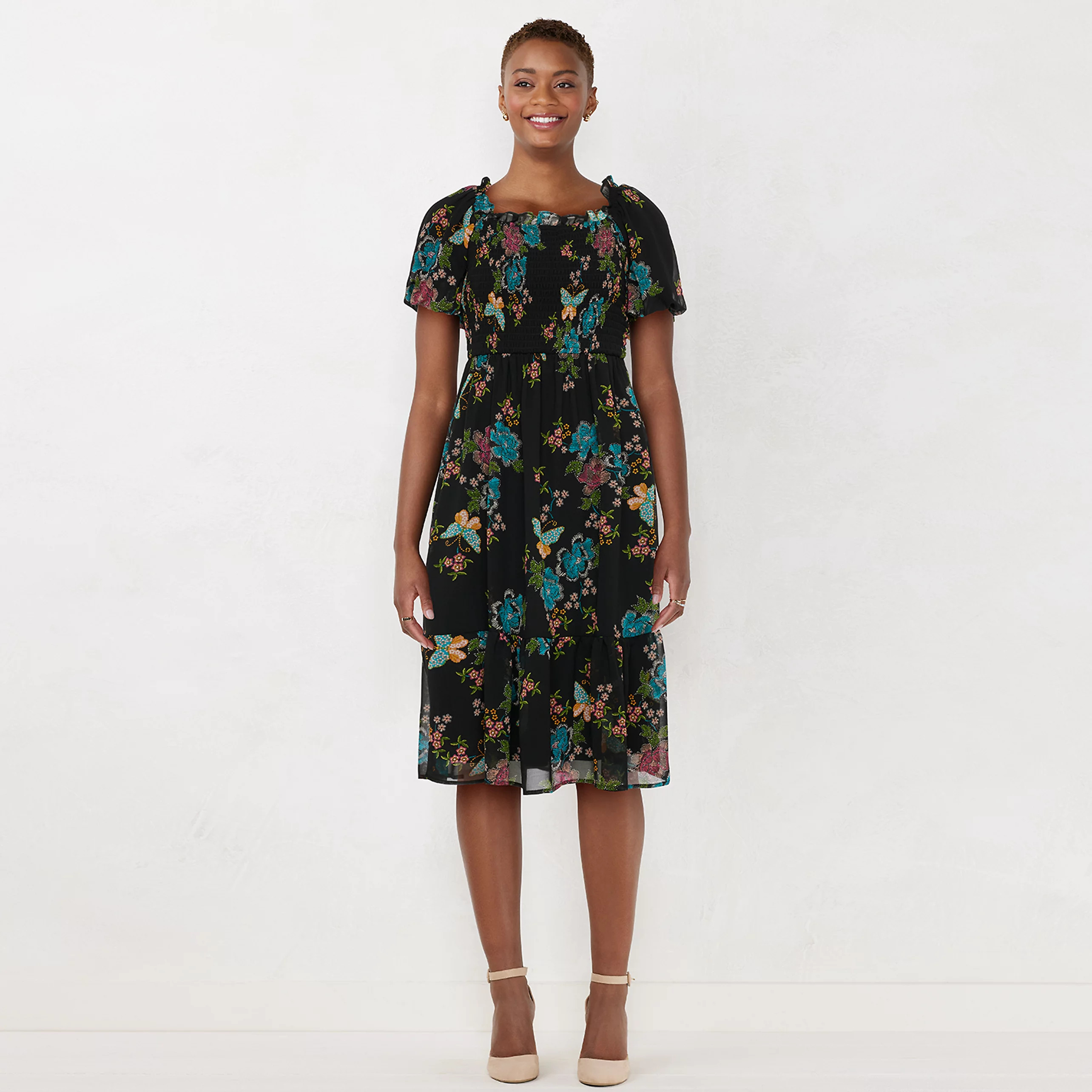 Women's LC Lauren Conrad Puff-Sleeve Smocked Midi Dress | Kohls | Kohl's