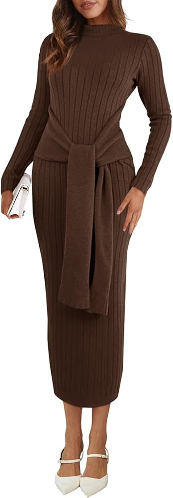 Saodimallsu Womens Long Sleeve Midi Sweater Dress Bodycon Mock Neck Ribbed Knit Tie Waist Fall Lo... | Amazon (US)
