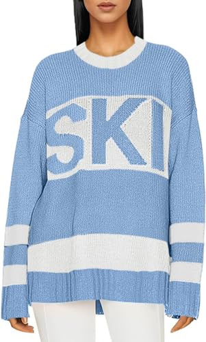 NIXSUNZUU Winter Ski Outfits Women Trendy Crewneck Lightweight Sweater Long Sleeve Fall Tops Sky Blue S | Amazon (US)