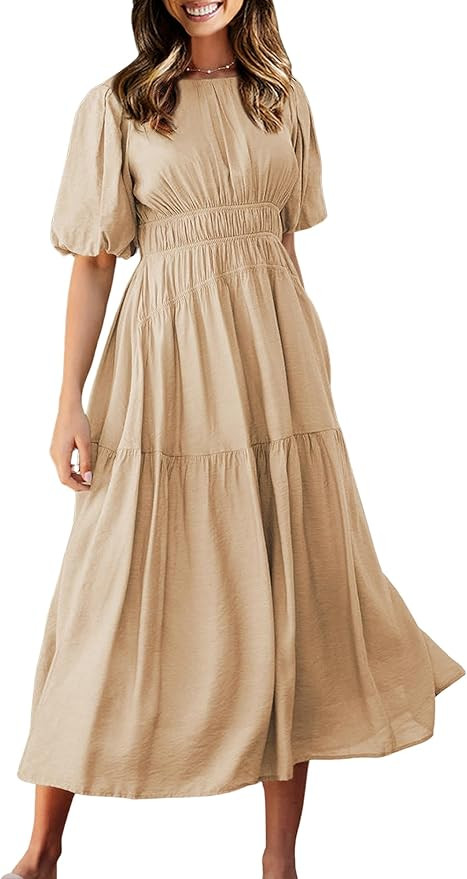 ECOWISH Summer Dresses for Women 2023 Casual Short Puff Sleeve Crew Neck Smocked High Waist A Lin... | Amazon (US)