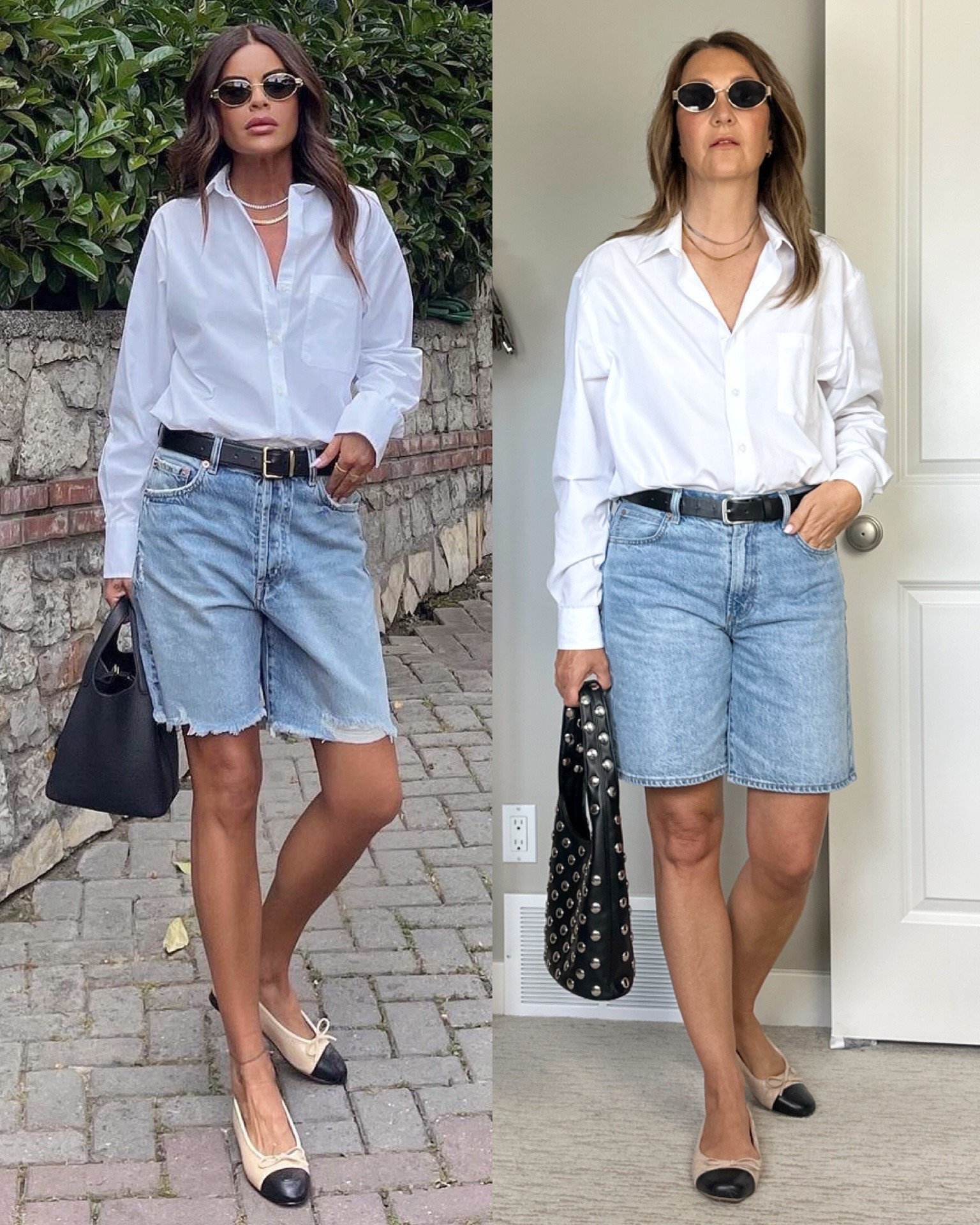Pinterest inspired outfit with a white shirt, ballet flats and Bermuda shorts - great mix of classic and trendy! 
My shirt is a men’s size 16” neck 32-33” sleeves so it’s quite oversized but I love the fit. Best part is that it’s wrinkle resistant, I just hang it to dry and don’t need to iron!
My shorts are from last year and sold out but I linked similar ones.
Also linked my ballet flats, necklaces (same necklace in gold and silver), bag, sunnies and the stitch gun I used to secure the shirt.

#LTKOver40 #LTKootd #LTKTravel