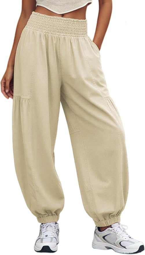 UANEO Womens Baggy Pants Pull On Cotton Linen Smocked Elastic Waist Tapered Relaxed Harem Trouser... | Amazon (US)
