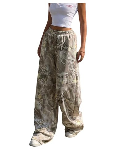 GORGLITTER Women's Camo Baggy Sweatpants Baggy Wide Leg High Waisted Drawstring Street Camouflage Track Pants Khaki X-Small | Amazon (US)