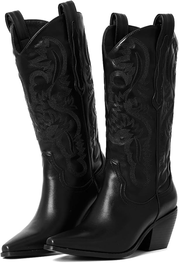Mattiventon Cowgirl Boots for Women Embroidery Mid Calf Cowboy Boots Vintage Pull on Western Boot... | Amazon (US)