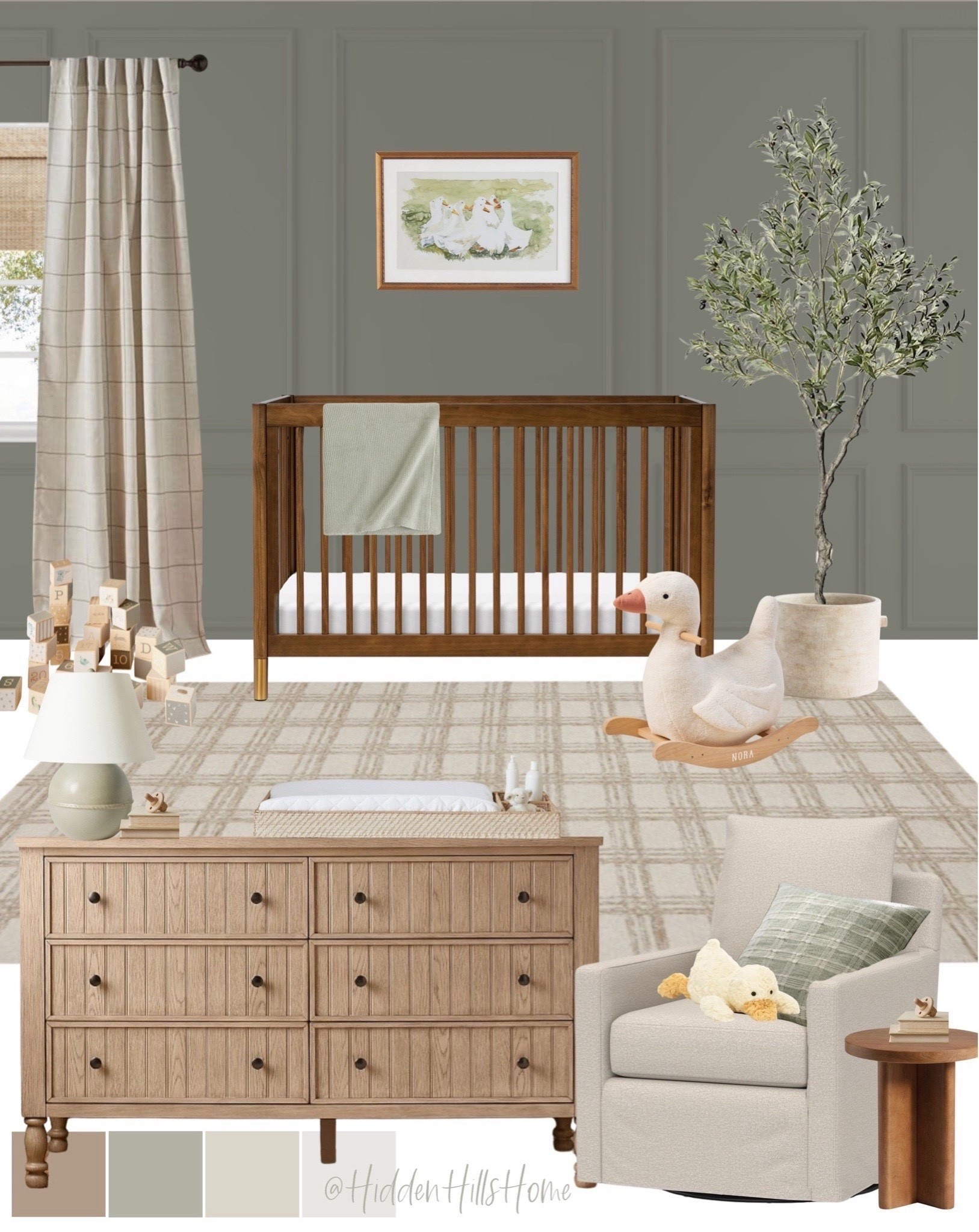 Modern transitional baby nursery mood board, neutral nursery design ideas, green nursery, duckling nursery inspo, wall color is SW Evergreen Fog #nursery

#LTKHome #LTKSaleAlert #LTKBaby