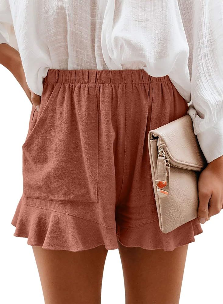 Paitluc Womens Elastic Waist Side Pockets Ruffle Cotton Linen Shorts Summer Casual Size S-XL | Amazon (US)
