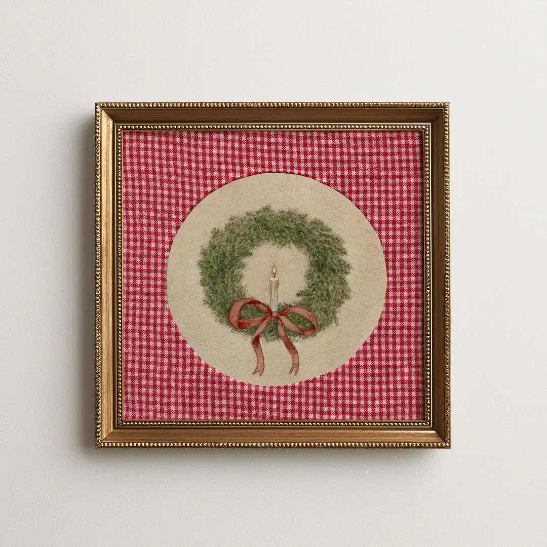 Christmas Wreath /w Printed Mat Print – Holiday Wall Art - Vintage Christmas Prints - Etsy | Etsy (US)