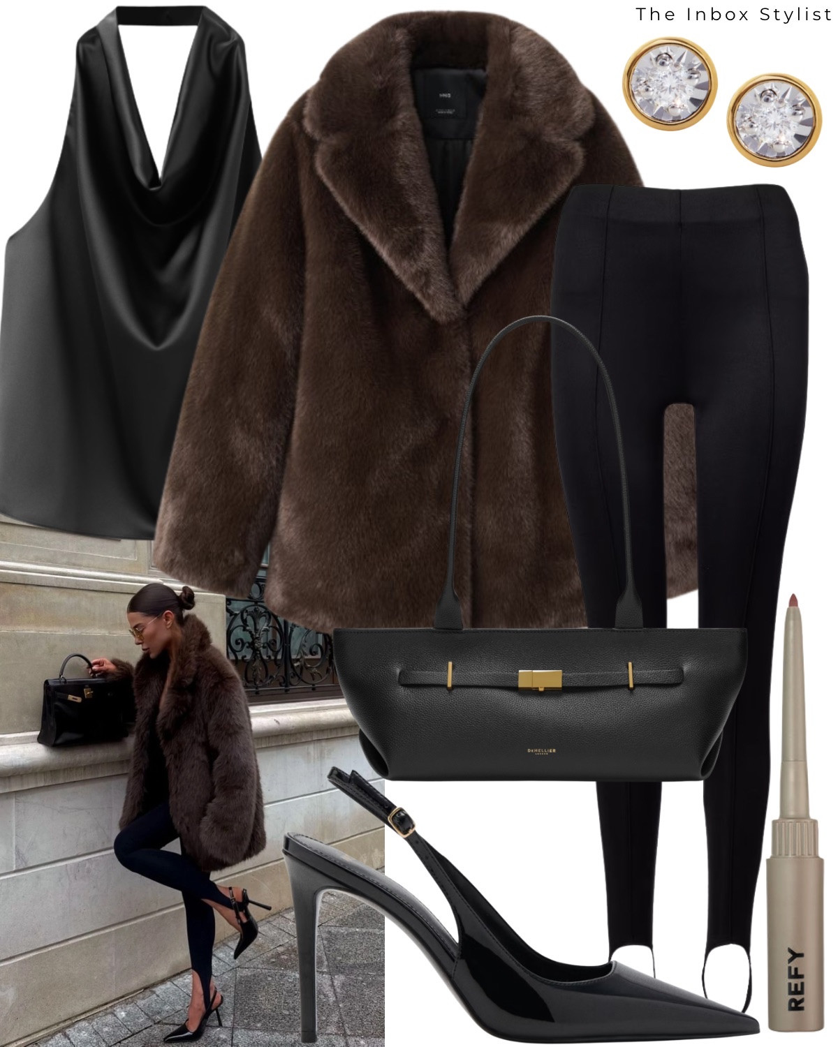 Is there anything more chic than fur coat and silk tops?! 

Including faux fur jacket, silk halterneck top, stirrup leggings, black handbag, black heels, diamond stud earrings, lipstick  

#LTKpartywear #LTKstyletip #LTKfestive