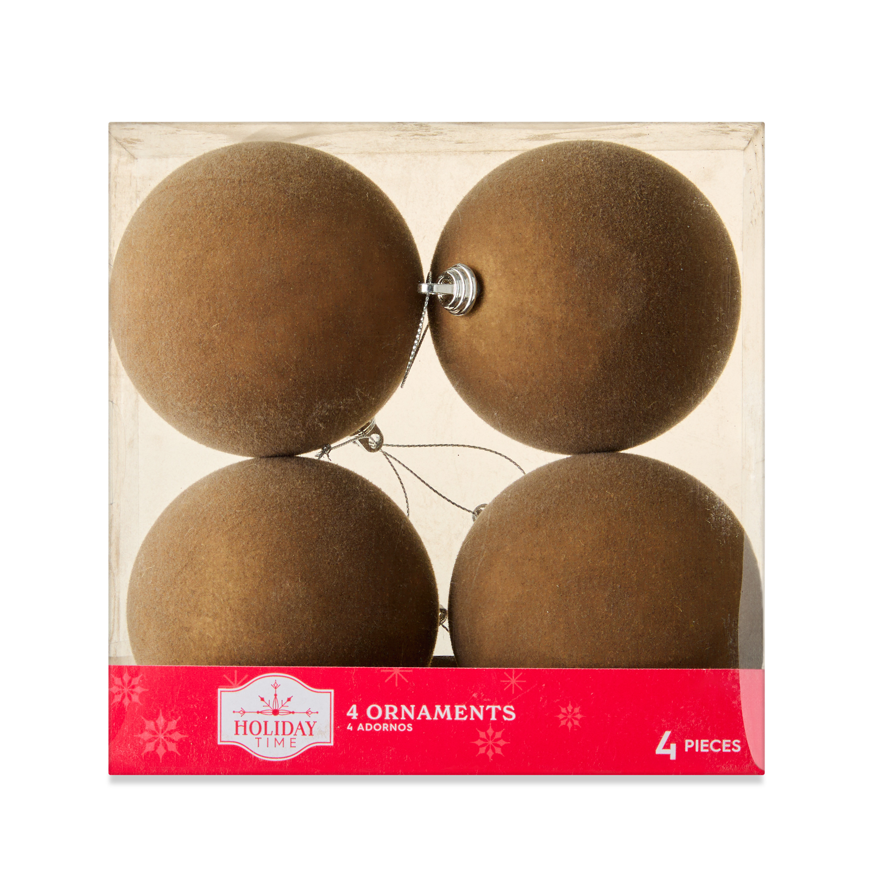 4 Pack Brown Ball Flocked Christmas Ornamenet Set, 3.5", Holiday Time | Walmart (US)