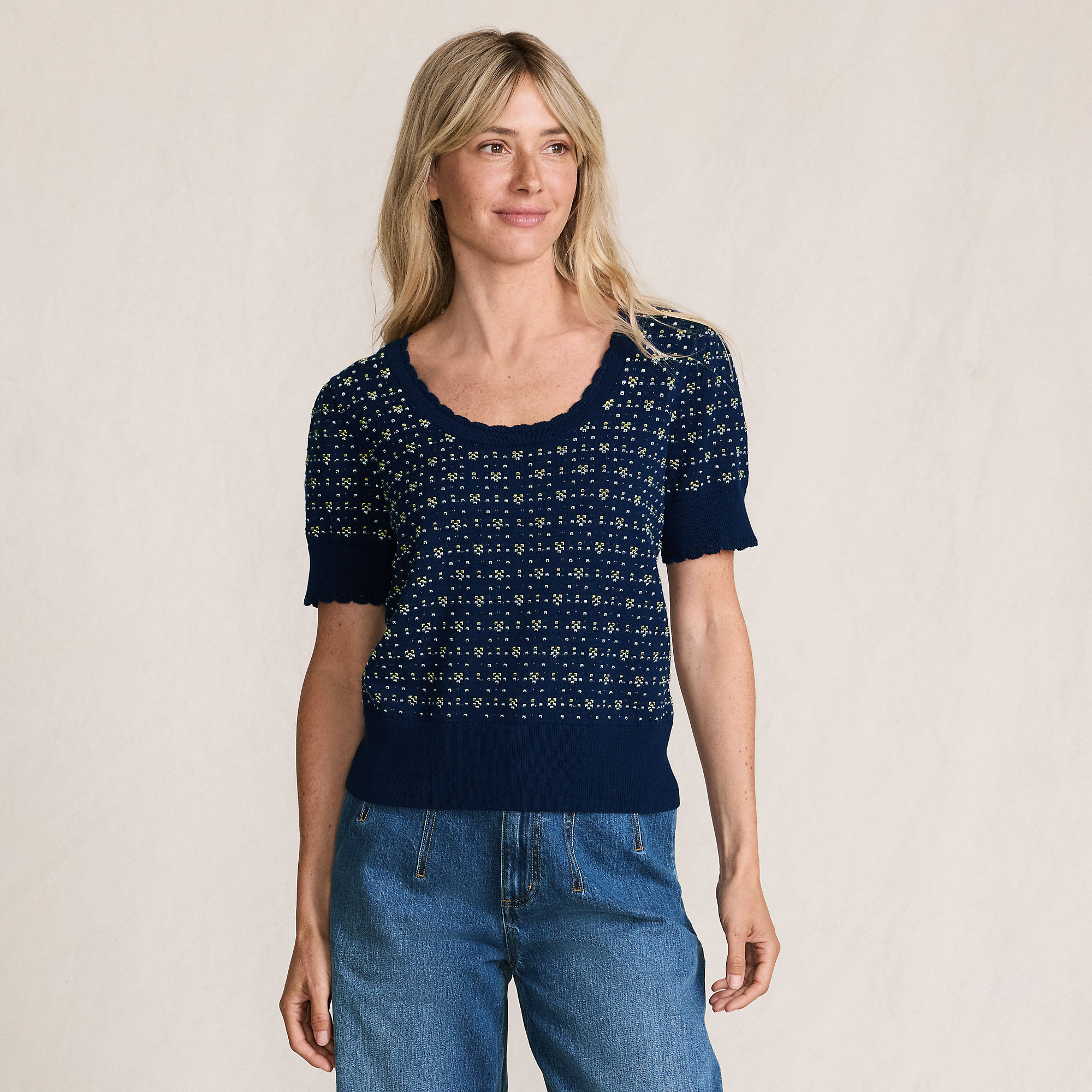 Women's Fine Gauge Cotton Jacquard Scoop Neck Sweater | Lands' End (US)