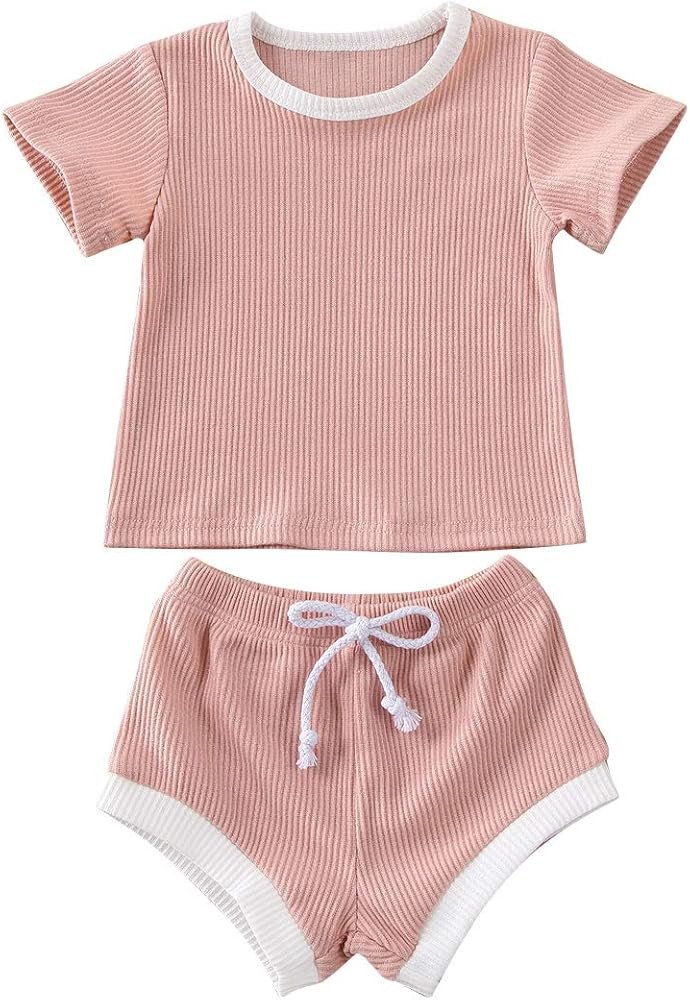 Newborn Baby Boy Girl Summer Clothes Ribbed Short Sleeve T-Shirt + Shorts Set Two Piece Outfits | Amazon (US)