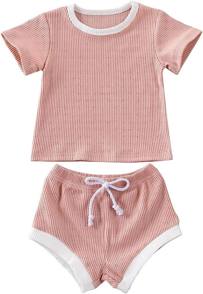 Newborn Baby Boy Girl Summer Clothes Ribbed Short Sleeve T-Shirt + Shorts Set Two Piece Outfits | Amazon (US)