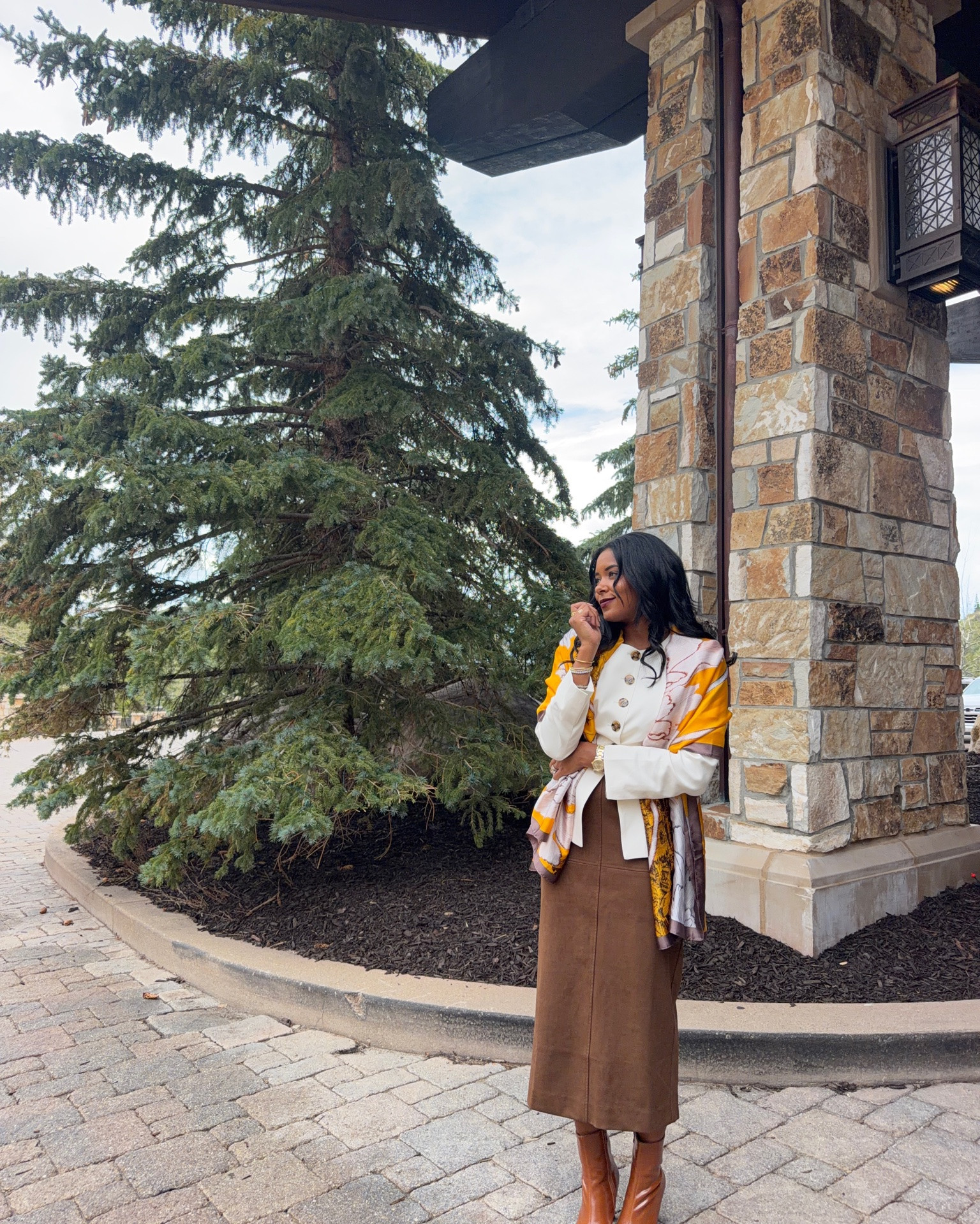 AVARA yellow floral wrap AVARA white blazer AVARA Annalise Brown Faux Suede Midi Skirt AVARA Faux Leather Pointed Toe Ankle Boots