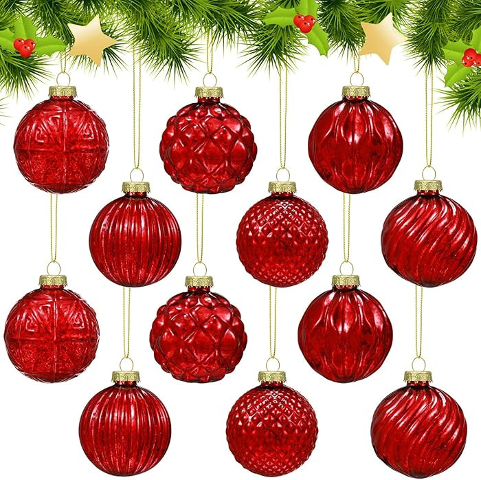 Jenaai 12 Pcs 2.36 Inch Red Glass Christmas Ball Ornaments Vintage Christmas Tree Decorations Mer... | Amazon (US)
