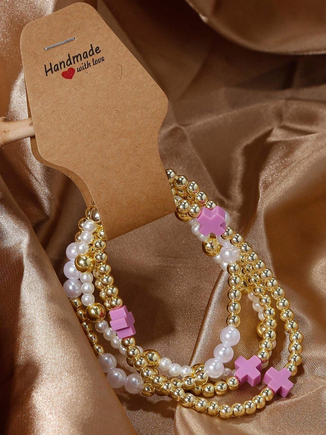 4Pcs Gold Beaded Cross Bracelet For Women Cute Handmade Stackable Boho Beads Friendship Stretch B... | SHEIN