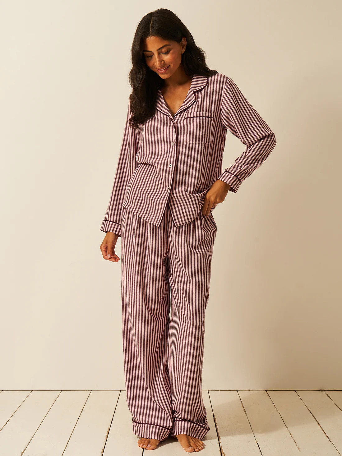 Soft Brushed Woven Pyjama Bottoms - Black Cherry | ECOVERO Nightwear | Stripe and Stare