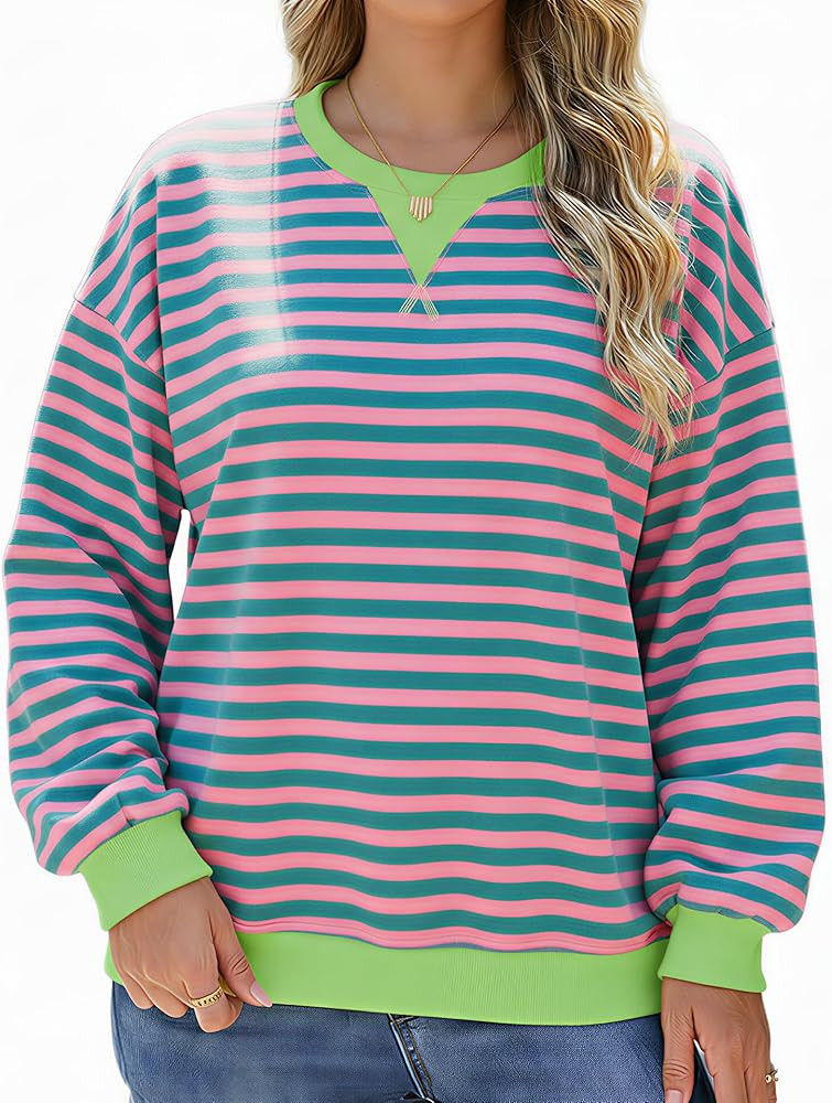 Women's Striped Oversized Sweatshirt, Long Sleeve Crewneck Pullover Top, Casual Fall Clothes | Amazon (US)