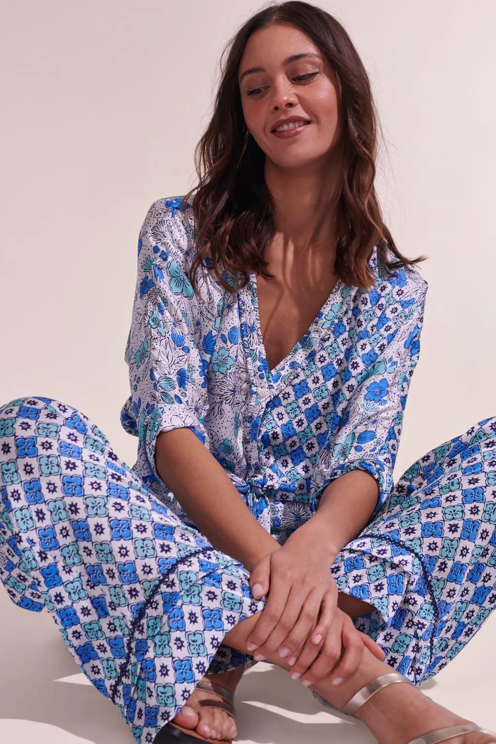 Pant Azia - White Green Diagonal Batik | Poupette St Barth
