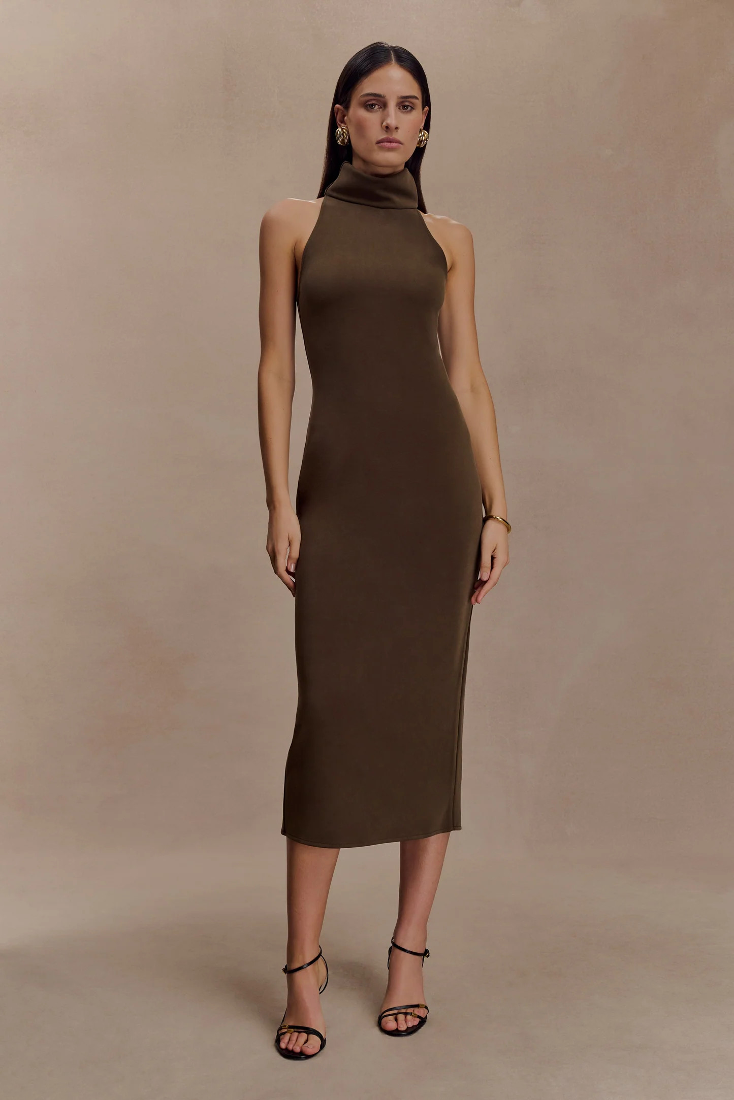 Kennedy High Neck Midi Dress - Chocolate | MESHKI US