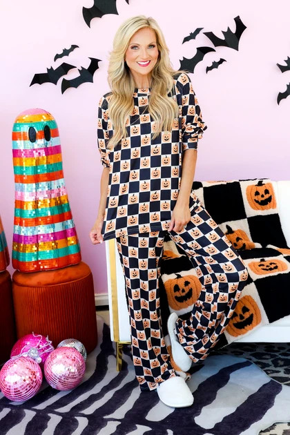 DOORBUSTER TWT\u00ae Jack O' Lantern Black Halloween Wide Leg Pajama Set | The Willow Tree