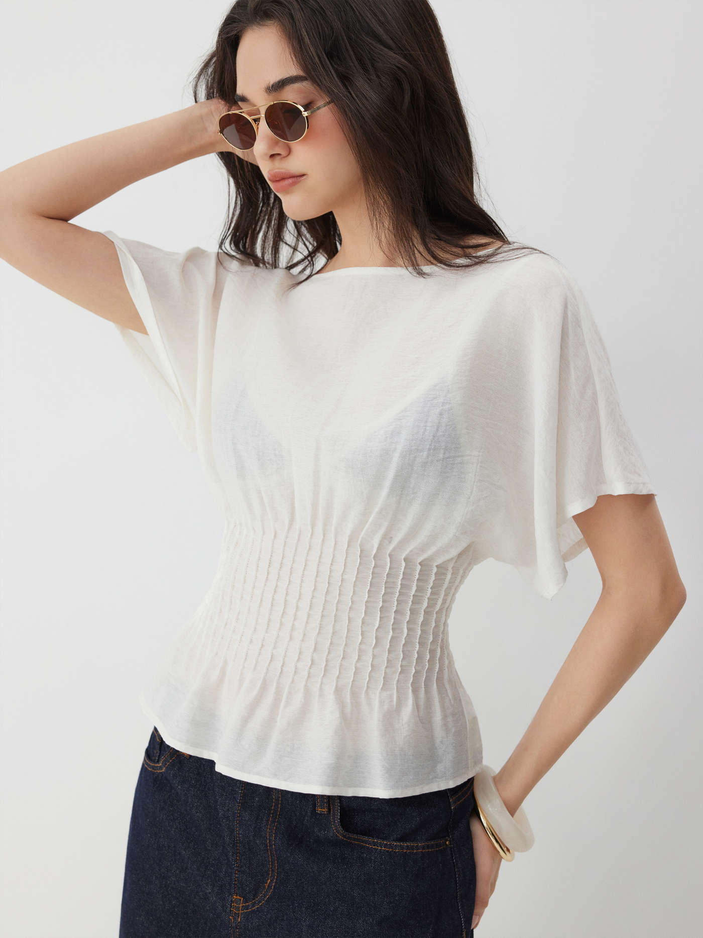 Linen-blend Linen-blend Boat Neck Ruched Batwing Sleeve Blouse For Daily Casual | Cider