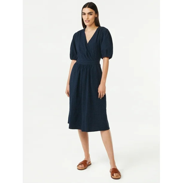 Free Assembly Women's V-Neck Faux Wrap Midi Dress - Walmart.com | Walmart (US)