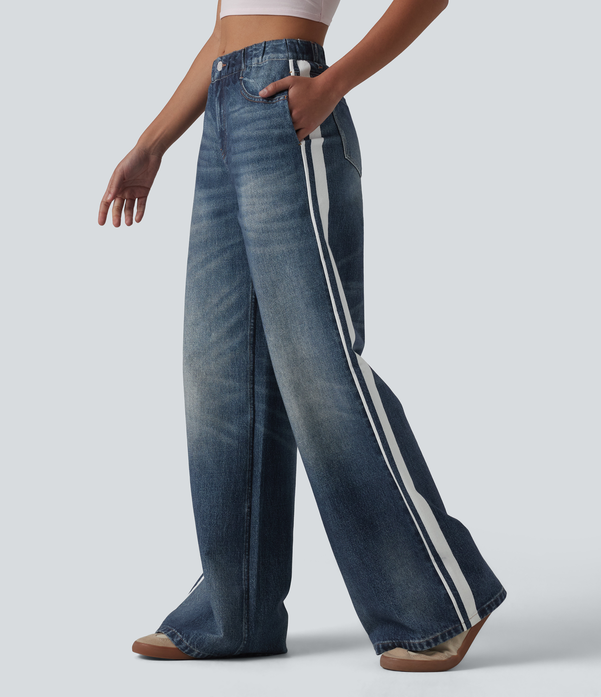 Halara Mid Rise Denim Print French Terry Stripe Casual Sweatpants Jeans with Pockets  - Greige - Mid Deep Blue Retro - S(regular) | HALARA