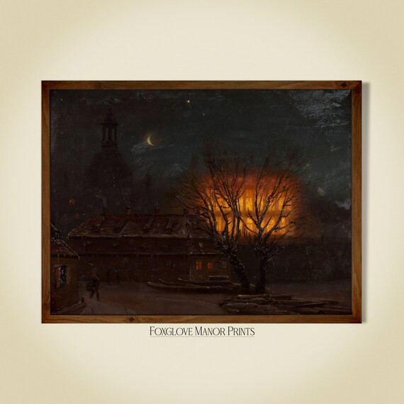 Moody Night Oil Painting  Vintage Fire in Town Art Print  - Etsy | Etsy (US)
