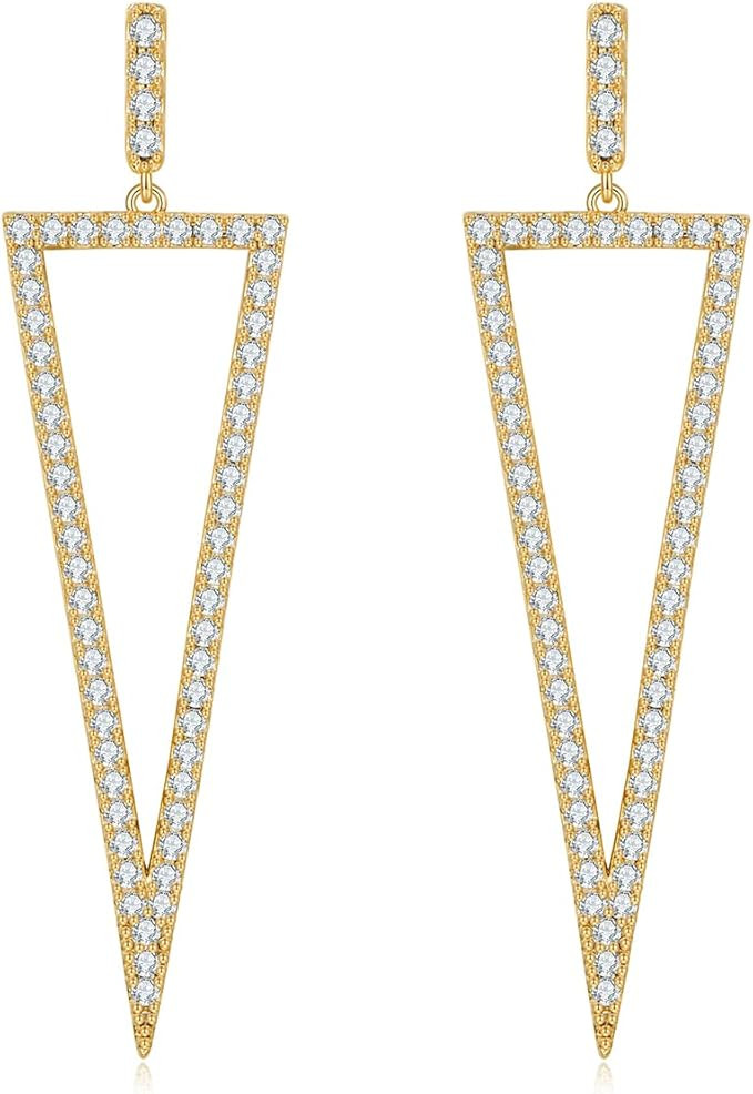 14K Gold Geometric Dangle Drop Earrings for Women Pave CZ Statement Earrings Lightweight Jewelry ... | Amazon (US)