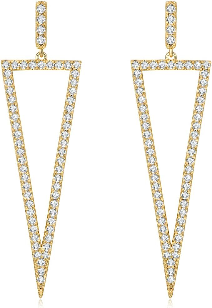 14K Gold Geometric Dangle Drop Earrings for Women Pave CZ Statement Earrings Lightweight Jewelry ... | Amazon (US)