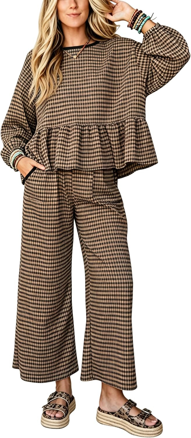 Womens Gingham 2 Piece Outfits Lounge Matching Pants Sets | Amazon (US)