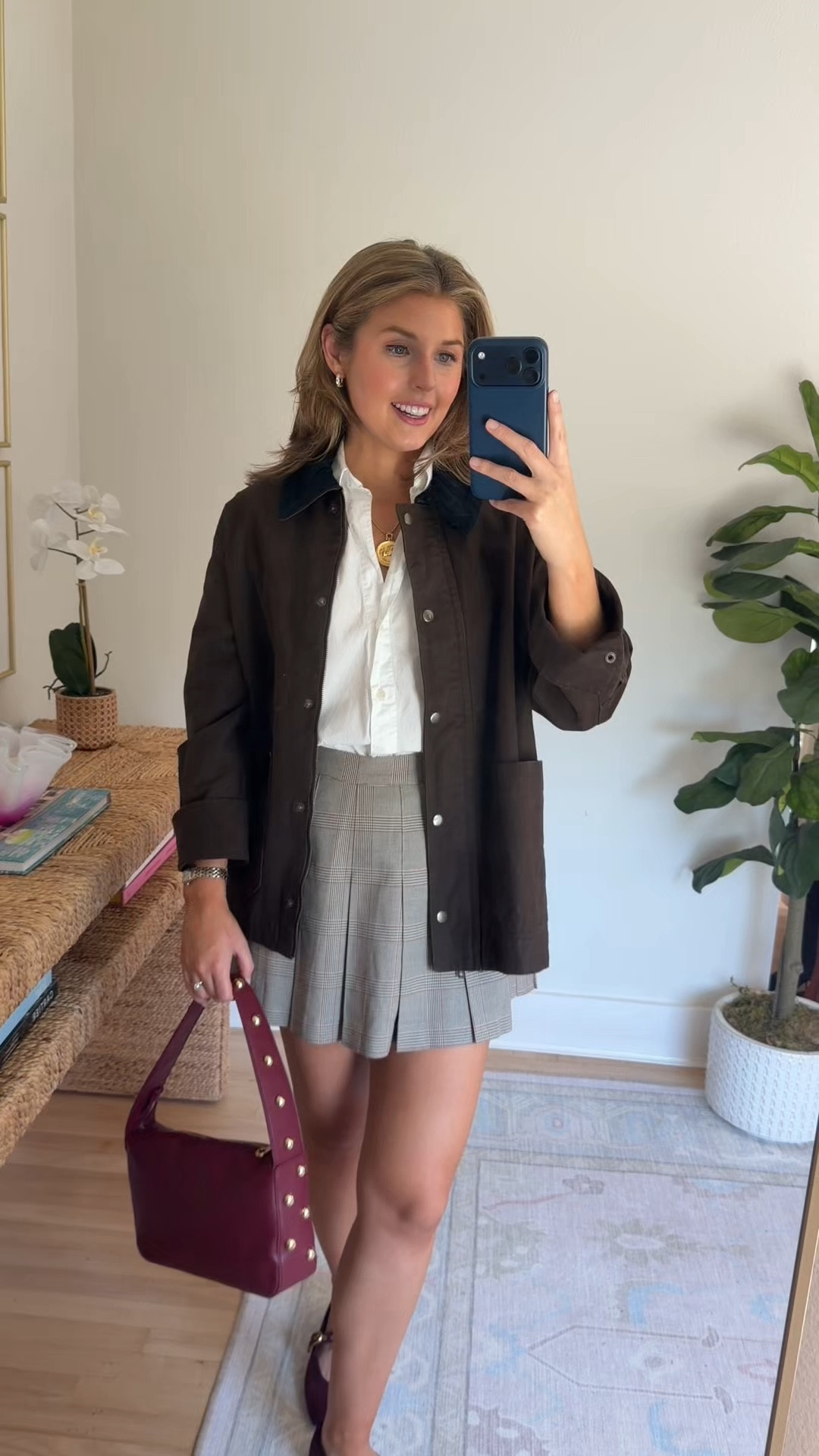 Fall outfit idea with a mini skort! Wearing a S in skirt and M in jacket 
