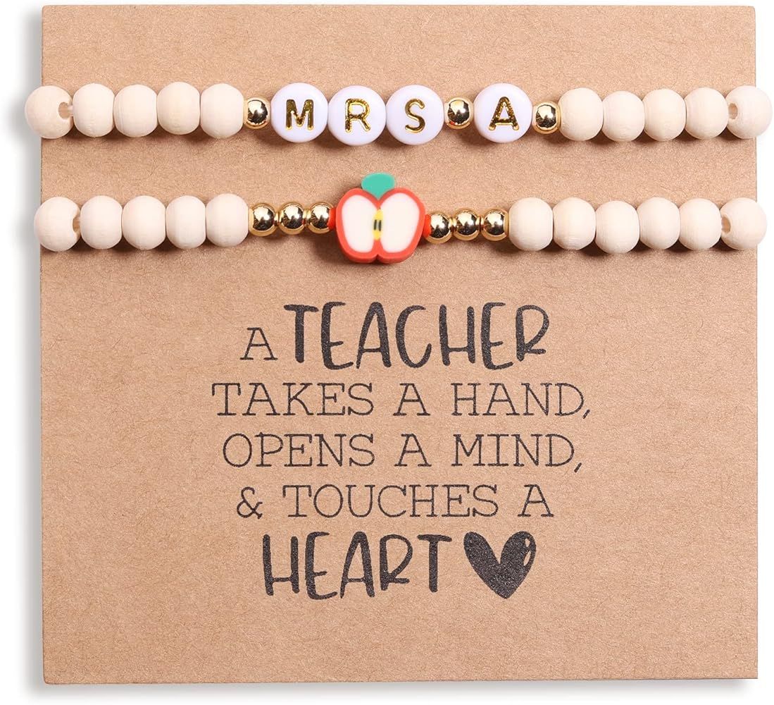 Miss Pink Personalized Teacher Appreciation Gifts Teacher Bracelet for Women, 2 Pcs Wood Beaded B... | Amazon (US)