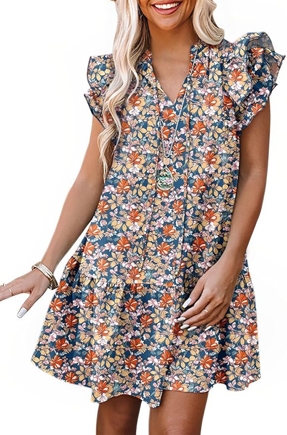 Dokotoo Womens Summer Dresses 2025 V-Neck Drawstring Ruffle Cap Short Sleeve Side Pockets Mini Dr... | Amazon (US)