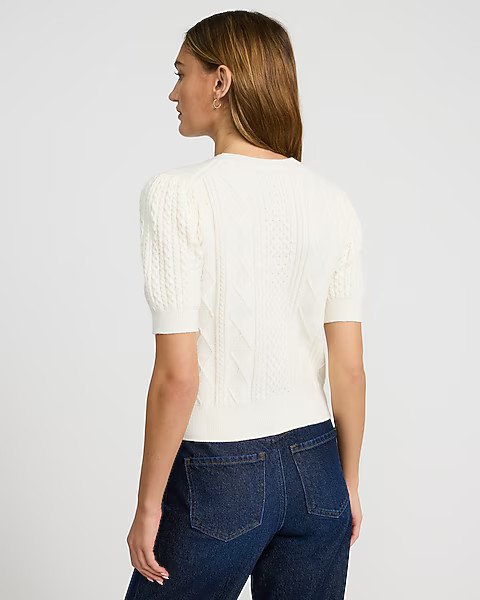 Cable Knit Crew Neck Puff Sleeve Sweater | Express