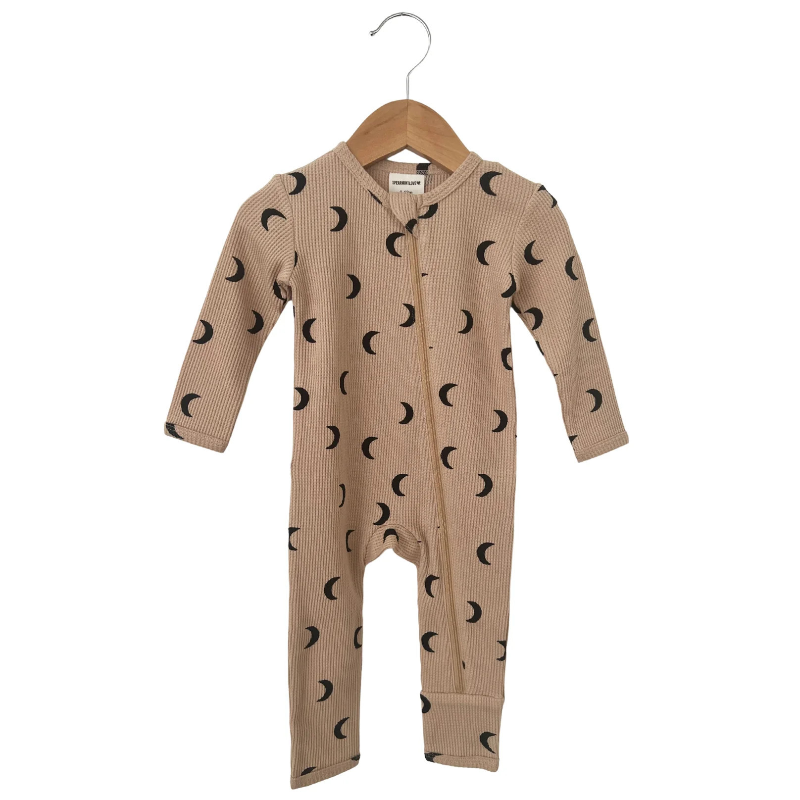 Organic Waffle Basic Zip Romper, Tan/Black Moon | SpearmintLOVE
