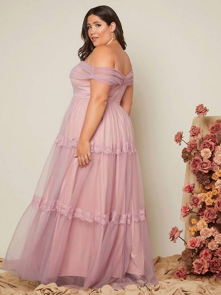 SHEIN Belle Plus Off Shoulder Ruffle Trim Mesh Bridesmaid Dress | SHEIN