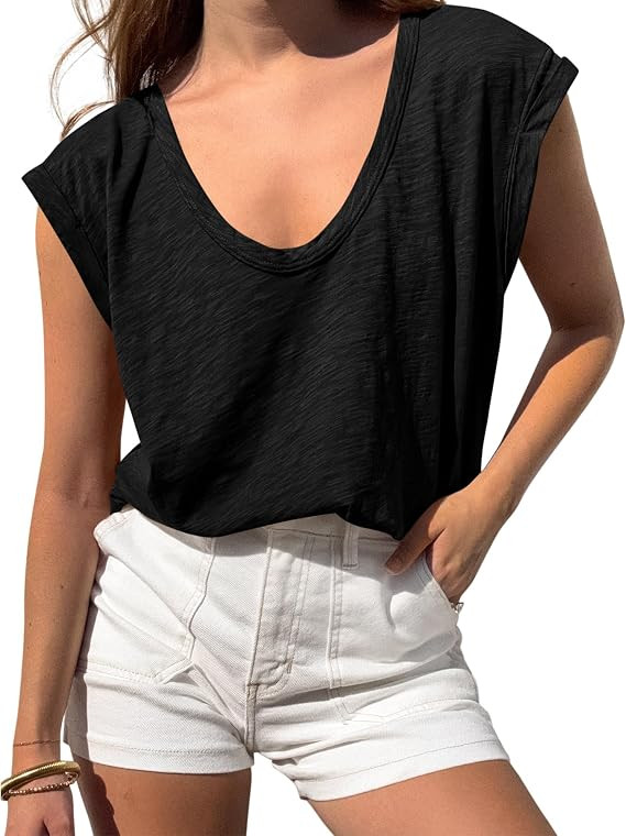 BTFBM Casual Summer Oversized Womens T Shirts Going Out Tops Trendy | Basic Tees,Cap Sleeves,V Ne... | Amazon (US)