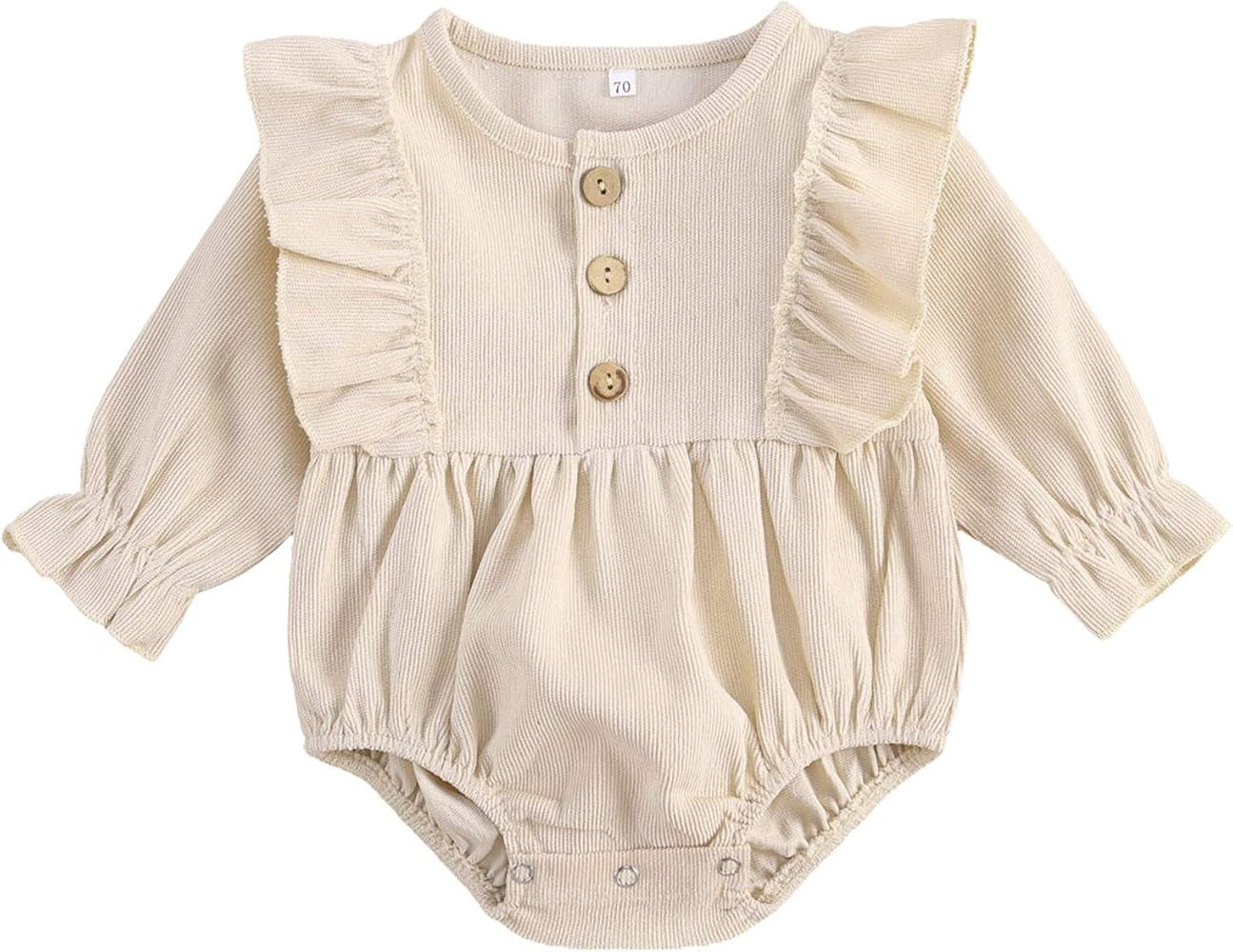 Mubineo Infant Baby Girl Corduroy Basic Plain Ruffle Long Sleeve Romper Tops Clothes | Amazon (US)