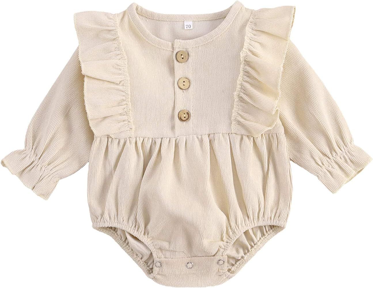 Mubineo Infant Baby Girl Corduroy Basic Plain Ruffle Long Sleeve Romper Tops Clothes | Amazon (US)