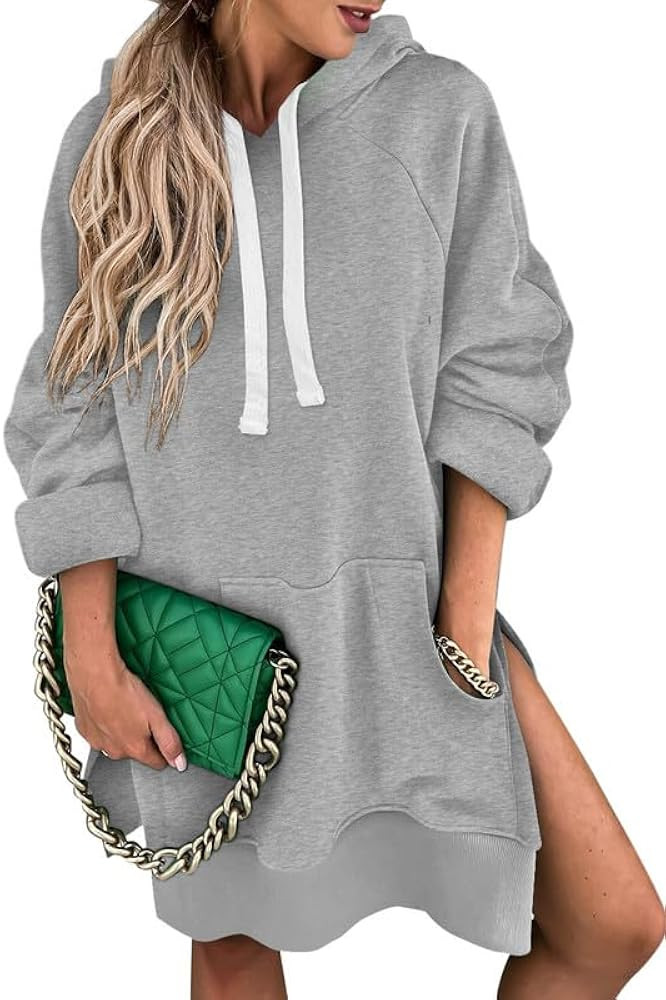 SHEWIN Women's Oversized Casual Pullover Long Sleeve Split Hem Drawstring Hoodies Dress With Kang... | Amazon (US)