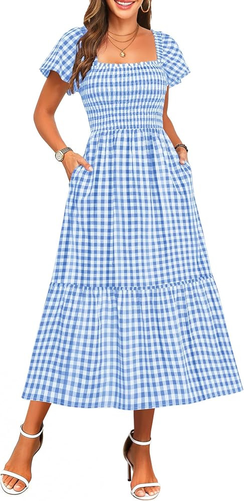 Pinup Fashion Plaid Gingham Smocked Flutter Sleeve Casual Summer Midi Dress | Amazon (US)