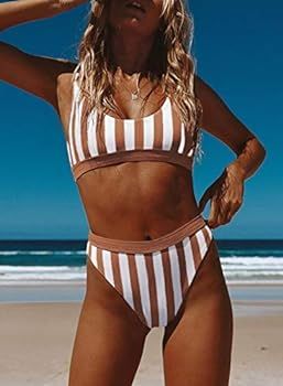 Women's Crop Top Striped Printed High Waisted Cheeky Bikini Set Two Piece Swimsuits | Amazon (US)