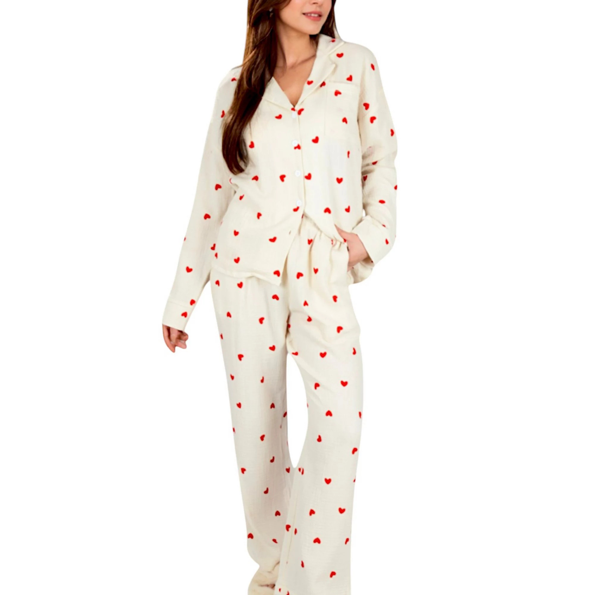 Women's Heart Print 2-Piece Pajama Set with Long Sleeve Button-Up Top and Relaxed Fit Pants | Kohl's